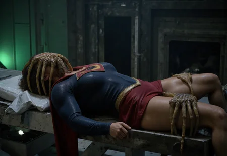 <lora:Xenomorph_Facehugger_Attack_-_Alien_Flux_v2:0.7>(Xenomorph Facehugger),A highly detailed cinematic live-action scene of a female superhero resembling Supergirl, unconscious on a damaged sci-fi medical bed inside a dark, abandoned spaceship lab. She is wearing a textured deep blue superhero suit with a large red and gold "S" emblem on her chest, a red cape draped around her arms, and a golden belt. One realistic alien facehugger creature is attached tightly to her face, its long bony legs wrapped around her head and neck, dripping slimy fluid. A second facehugger is positioned ominously between her thighs, partially obscured by her red skirt, its limbs gripping her upper legs, creating a tense, invasive horror atmosphere. The room is lit with moody green and blue lighting, showing worn metal walls, broken cables, and industrial machinery. Wet surfaces, soft cinematic depth of field, shadows, photorealistic textures on skin, fabric, and alien creatures. Horror sci-fi aesthetic, inspired by Ridley Scottâs *Alien* and the dark realism of Zack Snyder's superhero films.
<lora:EXM:0.36> ,<lora:Flux Muscle v2 fp8:0.33>, <lora:Facehugger:0.5>, <lora:supergirl_dev_f1:0.3>, <lora:MysticXXX-V6:0.6>