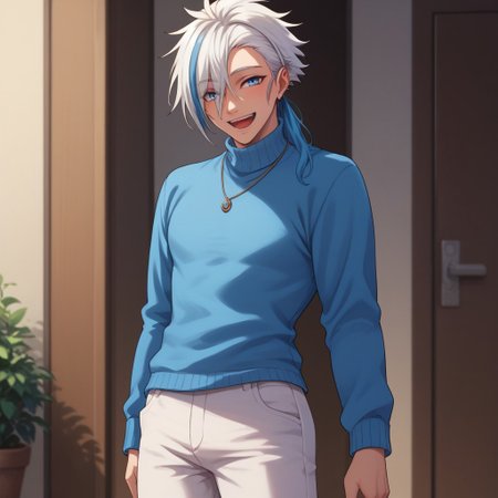 Score_9, Score_8_up, Score_7_up, Mikasana, white hair, blue eyes, 1boy, multicolored hair, blue sweater, white pants, smiling, happy, solo