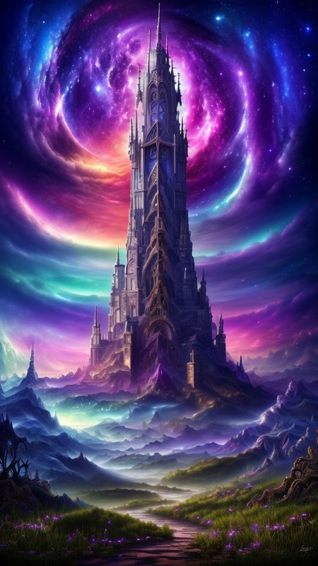 Space-themed, 
Gothic style, 
Dreamscape, 
Stained glass style, 
Masterwork Painting, Magnum Opus, 
 <lora:Wizard_Tower:0.75> witow, castle, cloud, cloudy sky, grass, no humans, scenery, sky, tower, tree, 
<lora:Fantasy_Mountains:0.75> fanmou, footprints, forest, grass, nature, no humans, outdoors, sky ,
  highres, 8k, uhd, High Dynamic Range, tonemapping, crisp details,  intricate details, fine details,
. Vibrant, beautiful, translucent, intricate, detailed,
. Surreal, ethereal, dreamy, mysterious, fantasy, highly detailed,
. Dark, mysterious, haunting, dramatic, ornate, detailed,
. Cosmic, celestial, stars, galaxies, nebulas, planets, science fiction, highly detailed