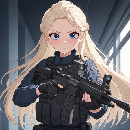 masterpiece, best quality, amazing quality, very aesthetic, high resolution, ultra-detailed, absurdres, newest, official wallpaper, 1girl, <lora:DisneyElsa:1> DisneyElsa, 1girl, blonde hair, blue eyes, braid, long hair, <lora:TactFit [NOOBAI]:0.8> tactfit, black bulletproof vest, assault rifle, BREAK, foreshortening, extremely detailed clothes, detailed eyes, detailed skin, detailed hair, masterpiece, best quality, amazing quality, very aesthetic, high resolution, ultra-detailed, absurdres, newest, volumetric lighting, official wallpaper