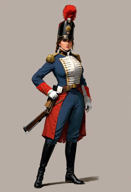 (Conceptual Art in jrst artstyle:1.2) about a female 
Napoleonic French soldier, concept art; busty, large breasts, slender