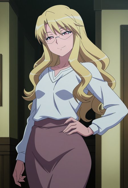 1girl,solo,Eleonore,mature female,blonde hair,long hair,glasses,pink eyes,small breasts,anime coloring,
white shirt,skirt,cowboy shot,hand on own hip, looking at viewer, smile,indoors
,masterpiece,best quality,amazing quality,<lora:Eleonore-Zero_no_Tsukaima_ix:0.8>