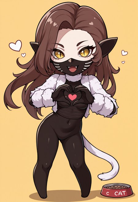 masterpiece, best quality, 1girl, solo, chibi, meme, standing, legs apart, :d, pet food, heart hands, looking at viewer, <lora:NekomataSMT-illu:1> nekSMT, brown hair, long hair, yellow eyes, slit pupils, mouth mask, fangs, pointy ears, white cropped jacket, fur jacket, open jacket, long sleeves, black bodysuit, cat tail, white tail, yellow background