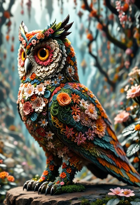 score_9, score_8_up, score_7_up, masterpiece, best quality, very detailed awesome Owl made of flowers, magical landscape with enchanted elements, fantasy art style, graphite theme, intricate details, ultra sharp, exquisite detail, flawless composition, vivid colors, masterpiece, exciting background,  <lora:SlimesFlowerWorldMorph:0.89> slimes_flowerwm,
