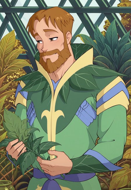 solo, masterpiece, modern, new, 1boy, male, masculine face, daddy looking face, w0lfc0nf

WinxRhodos, brown hair, beard, leaf outfit, greenhouse background, holding plant
