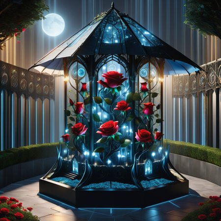hyper detailed masterpiece, dynamic, awesome quality,DonMT3chW0rldXL enchanted rose tower, cement board, halogen floodlights, patio umbrella lights  <lora:DonMT3chW0rldXL-000009:1>
