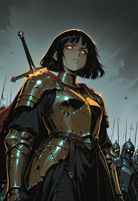 embedding:IllusP0s, codex sss chroma
1girl, solo, dutch_angle, from_below, low_angle, knight, armor, cape, sword_on_back, battlefield, determined, annoyed, angry, serious, piercing_gaze, confident, glowing_eyes, yellow_eyes, bob_cut, black_hair, battle-worn, damaged_armor, scratched, bruises, tattered_cape, wind, flowing_cape, flowing_hair