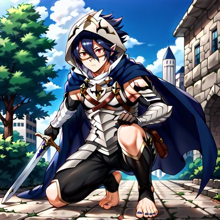 masterpiece, best quality, sharp aliasing, highly detailed, Quality, High Definition, <lora:EPfeCorrinPony:1>EPfeCorrin, blue cape, armour, black gloves, black pants, wearing pants, outdoors, day, stone ground, tree, bush, buildings, barefoot, toeless legwear, armoured legwear, stirrup legwear, 5 toes <lora:Amajiki_Tamaki__Pony:1>Tamaki Amajiki, pointy ears, red eyes, dark blue hair, hair between eyes, hood, mask, male, male body, sword, sword stance <lora:feet_anime_pony_v2:1>feet, dark blue toenails