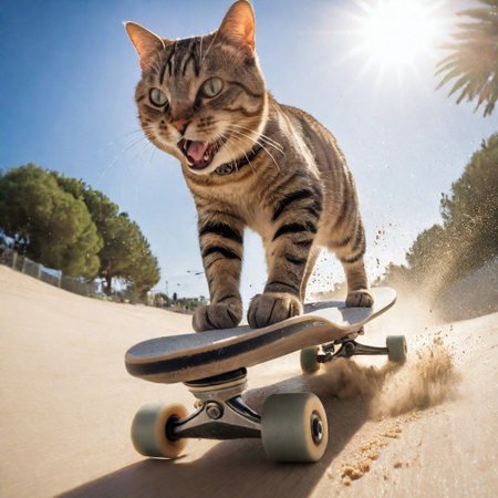 animal (cat:1.5) riding skate, sand explosion, action shot, sunlight, wide angle, 8k, F2.8, RAW Photo, ultra detailed, real life, perfect bike, happy face