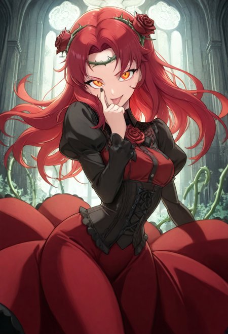 masterpiece, best quality, very aesthetic, absurdres, 1girl, solo, looking at viewer, smile, akanbe pose, index finger placed under one eye, tongue sticking out, red hair, long hair, glowing red-orange eyes, rust red dress, high collared burgundy shirt, long sleeves, rose patterns on puffy shoulder sleeves, collared dress, wide embroidered black lace collar with one large real red rose in the center, (black dead thorny circlet crown) of thorns on her head, corset with leather straps, thorny rose vines, detailed background, low-key, gothic castle interior, dynamic pose