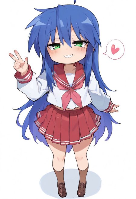 score_9,score_8_up,score_7_up,score_6_up, 1girl, solo, Expressiveh, basukechi_style, Wagashi_(Dagashiya), Atte_Nanakusa, cute girl, petite, small stature, Konata Izumi, pawg, smug, mesugaki, half-closed eyes, perfect eyes, perfect face, green eyes, blue hair, long hair, ahoge, small breasts, bottom_heavy, huge hips, wide hips, large thighs, thick thighs, thick, venus body, mole, serafuku, red skirt, red sailor collar, shoes, brown tighhighs, heart, spoken heart, hearts around head, smile, happy, looking_at_viewer, sexy pose, full body, BREAK score_9, score_8_up, score_7_up, score_6_up, source_anime, best anatomy, best quality, masterpiece, highly detailed, rating_explicit, uncensored, zPDXLxxx