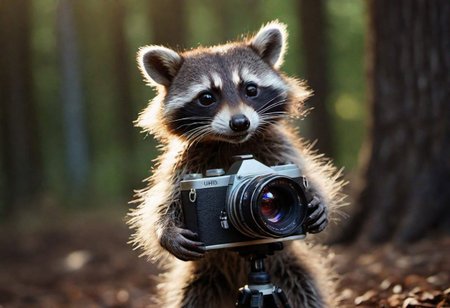 RAW photo, cute racoon baby, (playing with a photo camera) in a clearing, very sharp, cinematic lights, full body in frame, macro shot, dark shot, deep darks, extremely detailed, 8k, masterpiece,, background a beautiful forrest, deep of field, amazing natural lighting, brilliant composition,  intricate design, photorealistic, hyperrealistic, high definition, extremely detailed, cinematic, UHD, HDR, 32k, ultra hd, realistic, dark muted tones, highly detailed, perfect composition, best quality, (finely detailed), cinematic lighting, extremely detailed CG unity 8k wallpaper, photorealistic, hyperrealistic, high definition, extremely detailed, cinematic, UHD, HDR, 32k, ultra hd,