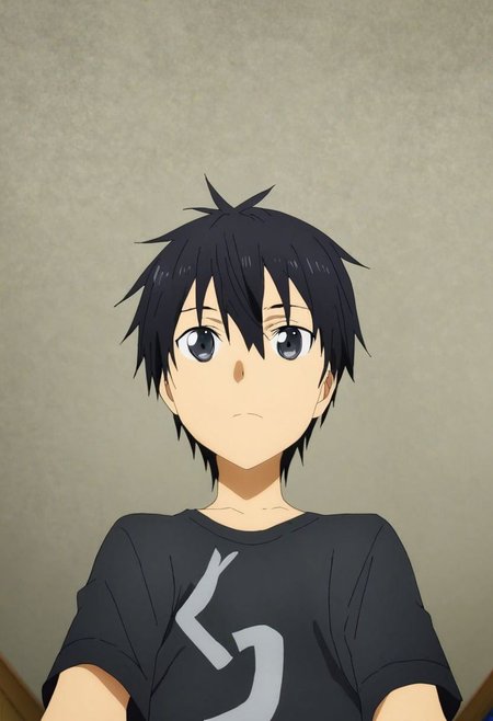 high resolution, solo, best quality, 1Boy, Kazuto Kirigaya, Black Hair, Black Eyes, kabedon POV, T-Shirt, OverallDetail