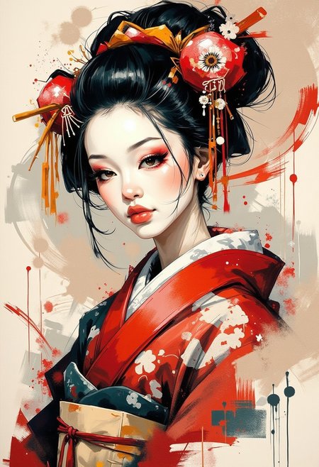 photorealistic portrait of geisha, abstract background