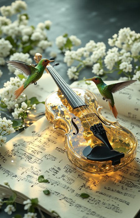 digitally rendered photograph that combines elements of fantasy and realism. The central focus is a transparent, ornate violin resting on an open sheet of classical music. The violin is partially filled with a transparent liquid, creating a surreal effect. Two hummingbirds, one on the left and one on the right, are delicately perched on the violin, their wings slightly spread, adding a sense of motion and life to the scene. The hummingbirds are depicted with vibrant green feathers and bright orange beaks, which contrast beautifully with the golden hues of the violin., 
The sheet music beneath the violin is illuminated by soft, golden light, casting a warm glow and creating a magical atmosphere. The notes on the sheet music are crisp and detailed, with a clear font that suggests a classical or romantic musical style. Surrounding the violin and sheet music are white, delicate flowers, adding to the dreamy, ethereal quality of the image. The background is blurred, enhancing the focus on the central elements. The overall color palette is dominated by warm tones of gold, green, and white, with a touch of cool blue from the blurred background. This image captures a moment of tranquility and wonder, blending natural elements with the fantastical., <lora:aidmaImageUpraderv0.3:0.4>, aidmaimageupgrader, <lora:diffusion_pytorch_model:1>, <lora:aidmaMJ6.1_v0.5_3:0.7>, aidmaMJ6.1, ultra quality, ultra detailed, intricate details