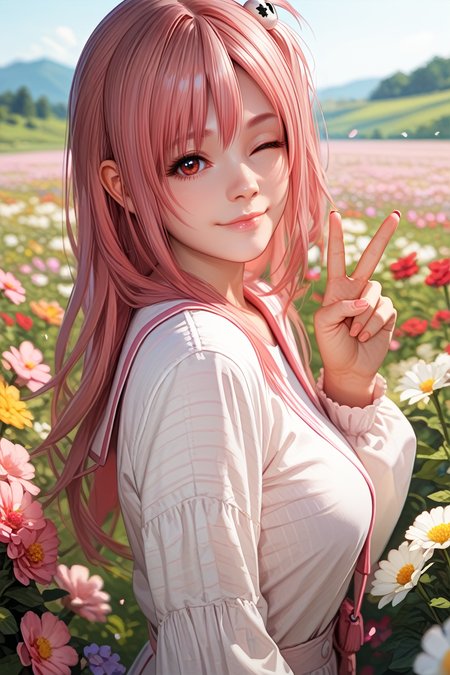 score_9, score_8_up, score_7_up,
<lora:DOAHonoka:0.8>
DOAHonoka, 1girl, pink hair, red eyes, long hair, one side up, looking at viewer, from side, wink, happy, smile, closed mouth, peace sign, flowers, meadow