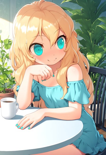 masterpiece,best quality,amazing quality,
1girl, solo, long hair, blonde hair, cup, smile, blue eyes, bare shoulders, nail polish, plant, sitting, aqua eyes,
<lora:Akai_ugokashitari:1>