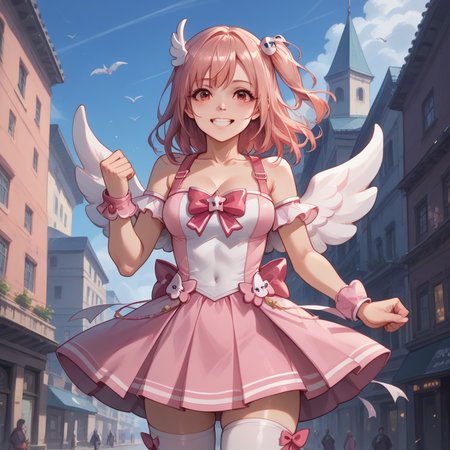score_9, score_8_up, score_7_up, score_6_up, score_5_up, sourse_anime,   zPDXL,  rating_ safe BREAK,
solo, 1girl,  <lora:ponyRealistic_v1-gamma:-0.4>
 <lora:doahonoka:1>, honoka, one side up, pink hair, honokaforce, pink boot, pink skirt, wings, navel, white thighhigh, in city,  smile,  happy, standing with hands in front, suggesting submission, <lora:add-detail-xl:1> <lora:detail_eyes:0.5>