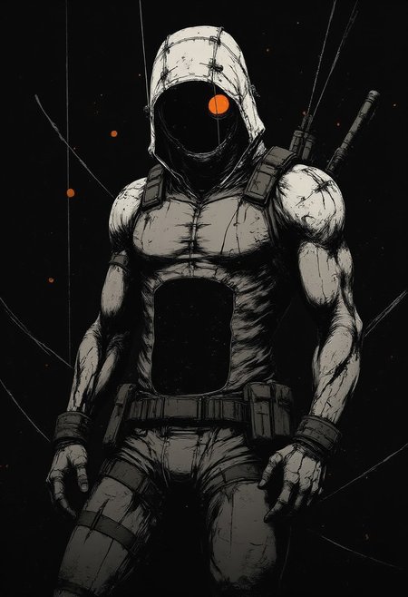 CyberpunkHorrorAnime, 
A shirt design of a silhouette of a man standing infront of a black abyss