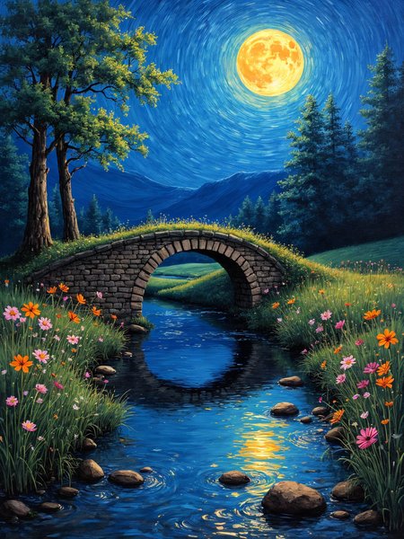 renaissance style impressionist painting. moonlight. reflections on water. quaint stone bridge. small stream. wildflowers. asymetric. in the style of Van Gogh