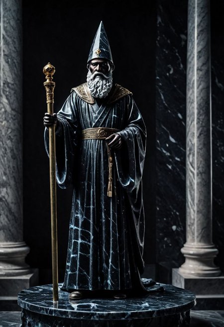 Fujifilm XT3, Sony A7 IV, (award winning photography) a (black: 0.79) marble wizard man in robe with beard and staff wizard hat (statue: 1.39) made of opal (Kintsugi: 0.89) set on a pedestal in temple, glistening. in the background beautiful pillars, divine (iridescent: 0.79), opalescent textures, volumetric light, ethereal, sparkling, studio photo, highly detailed, sharp focus (highest quality: 1.39) (highest coherency: 1.39) (award winning photography), highly detailed photography, (muted colors, cinematic, dim colors, soothing tones:1.2), vibrant, insanely detailed, hyperdetailed, (dark shot:1.2), (vsco:0.3), (intricate details:0.9), (hdr, hyperdetailed:1.2) (vignette), sss, raw photo, fijifilm, kodak, cinematic film grain, mesopotamian, babylonian