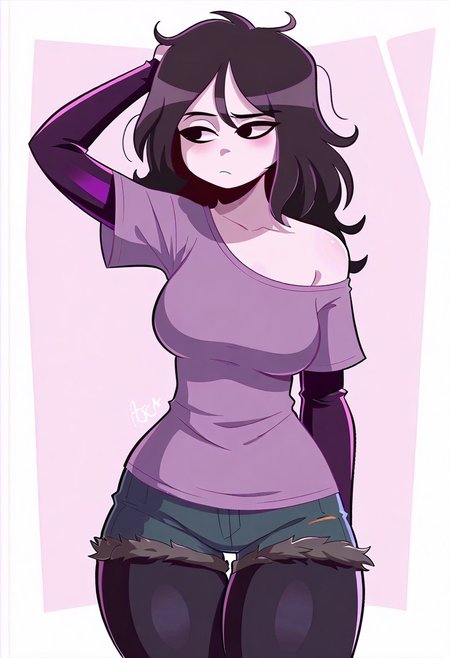 masterpiece, best quality, newest, absurdres, highres, safe, ArmasDraws, solo, 1girl, black hair, long hair, messy hair, white skin, left arm raised, thighhighs, purple shirt, dark sleeves, breasts, off shoulder, jean shorts, black leggings, black eyes, bored, looking to side, medium shot, portrait, simple background