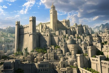 (masterpiece:1.2), (best quality,:1.2), 8k, HDR, ultra detailed, ((photorealistic)), professional light, cinematic lighting, fashion photography, ambient lighting, atmospheric effects, Numenor, an impressive fortress in a big medieval fantasy city on a mountain, high towers, high walls, <lora:Numenor-10:1>, in the style of Middle Earth, Tolkien, Minas Tirith, epiCPhoto