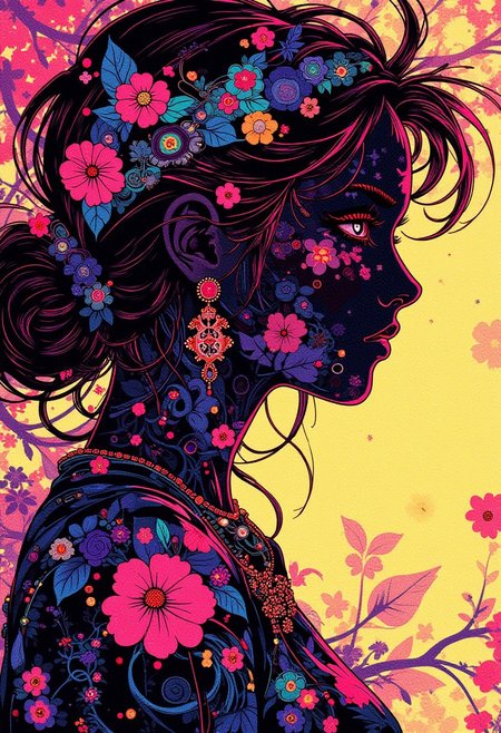 pointillism art. vivid colors. female silhouette A digital artwork in the style of cknc,