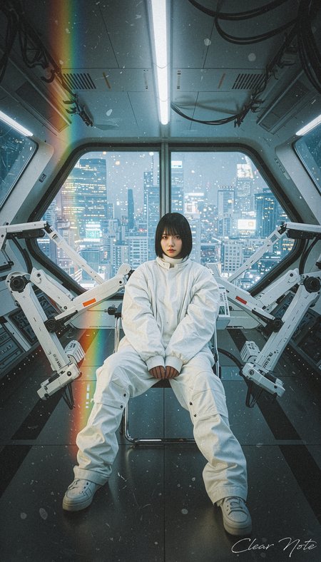 Japanese Culture Style, Neo Photorealistic Art, Emotional Photos, 35mm film, Young Japanese Woman, Futuristic clothing, Inside a futuristic spaceship, glass windows, Depth, Sitting on a chair with detailed white robotic arms, Neo-Tokyo