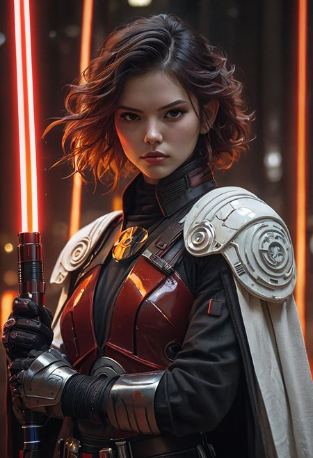 bdsm, collar cyberpunk Samurai jacket, (female, red pink slim skin:1.4), Large linen cape, (nice face, very angry:1.9), (bdsm harness, tight big breasts:1.75), surrounded by a detailed spacescape with translucent dark-amber Highlights, (red neon, emissive), (yellow particules, hyper-detailed,:1.4) sharp, high resolution, high quality, 32K, Ultra realistic, HD, super detailed, line art, abstract style, (full body, shinny, wavy hair:1.5), (star wars inquisitor:1.65), (circle hard powerful red white orange fire neon light saber:1.8), (well formed five fingers hands on light saber:1.7)