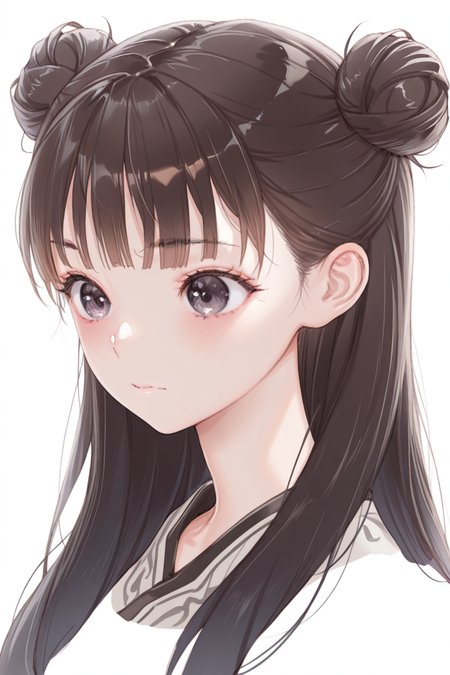 masterpiece, best quality, amazing quality,
 <lora:Mellco_IL:1> mellco, 1girl, solo, white background, simple background, long hair, hair bun, closed mouth, bangs, portrait, brown hair, upper body, black hair, double bun