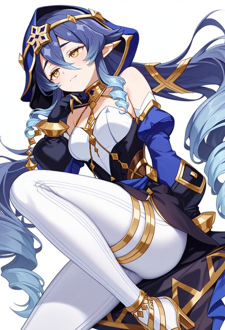 masterpiece,high quality details, absurdres,
 <lora:Layla:0.8>
layla_cnr, 1girl, blue hair,very long hair, twin drills, drill locks, pointy ears, yellow eyes, hair between eyes, sidelocks,medium breasts, 
hood up, dress, detached sleeves,puffy long sleeves,bare shoulders,black gloves, thighlet,claw ring,gold choker, gold trim,high heels, white pants,, simple background, white background, dutch angle,solo,, frown,smug,