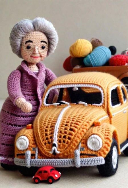 Crocheted Grandma Doll standing beside a toy Volkswagen Beetle