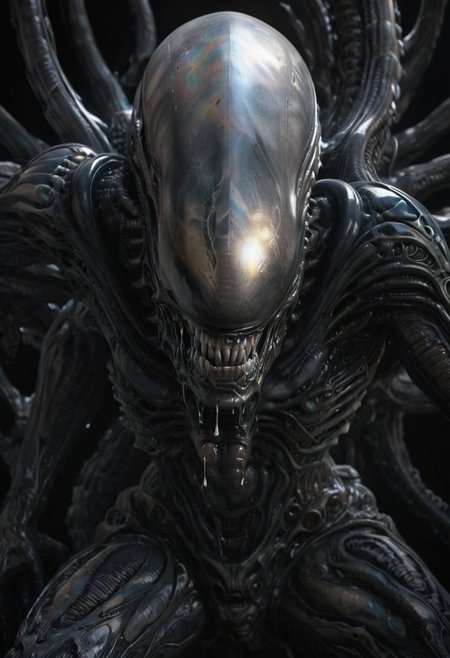 Sci Fi Horror-themed (8k, RAW photo, highest quality), hyperrealistic, intricate abstract, intricate artwork, abstract style, Futuristic, Space age, Iridescent opal style, Xenomorph1024, dark and terrifying portrait of a Xenomorph alien with scaly skin emerging from the shadows, exuding terror, ready to attack, intricate details, menacing expression, Eerie, unsettling, dark, existential terror, suspenseful, grim, (in the style of H.R. Giger:1.3), (fractal:0.2), highly detailed, (intricate details),hdr,(intricate details, hyper detailed:1.2), cinematic shot, extremely high-resolution details, photographic, realism pushed to extreme, fine texture, incredibly lifelike, solo, masterpiece, best quality, Iridescent, Global illumination, realistic light, realistic shadow, soft light, dream light, background 4k, high detail,