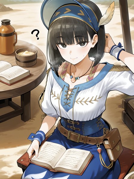 Felicita,1girl,looking at viewer,holding book,closed mouth,solo blush,sitting,solo,open book,smile,blue headdress,blue necklace,blue cross-laced clothes,blue corset,blue wrist cuffs,brown belt,blue long skirt,from above,table,camp,arm behind head,?,sand,
masterpiece,best quality,amazing quality,very aesthetic,absurdres,newest,<lora:Felicita & Clerk Suit Armor illuXL v1:0.75>,