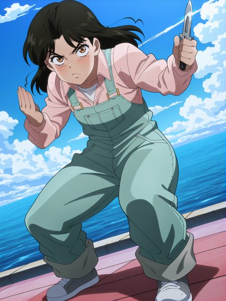masterpiece, best quality, amazing quality, absurdres, newest, dynamic_angle, defined facial features, anime coloring, anime screencap, cloudy sky, ocean,
 <lora:Anne_Merlai_IL1.1v0:1> merlai anne, brown eyes, pink shirt, green overalls, white undershirt, switchblade knife, fighting stance, grey sneakers, full body,