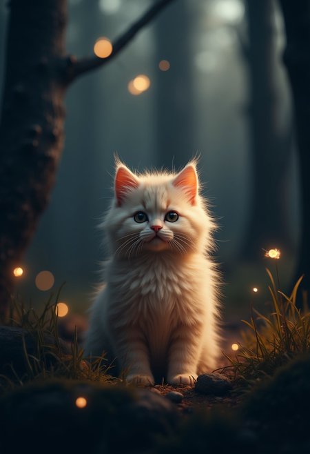 photorealistic,. a realistic fluffy kitten, Illiminated title "My Flux Didn't Get Debited" in front him. surrounded dark forest. a few fireflies .very detailed, amazing quality, intricate, cinematic light, highly detail, beautiful, cinematic lighting