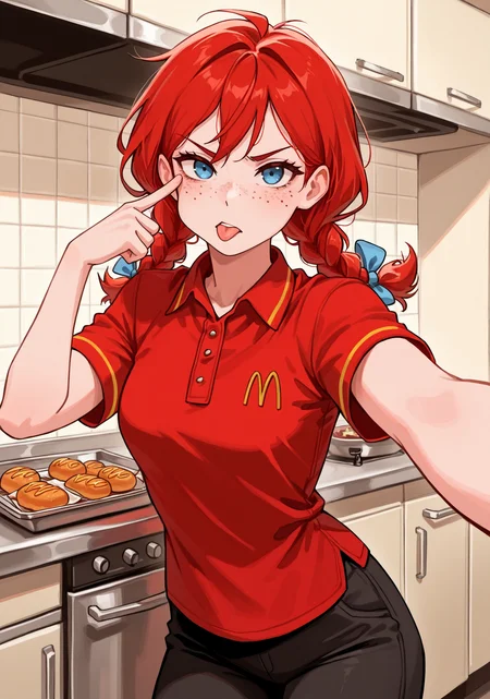 masterpiece, best quality, 1girl, solo, w3ndys, freckles, long hair, red hair, low twin braids, hair bow, blue bow, McUniform, red shirt, employee uniform, polo shirt, kitchen, indoors, selfie, outstretched arm, taking picture, black pants, (food:1.2), reaching towards viewer, looking at viewer, blue eyes, cowboy shot, akanbe, eyelid pull, finger to eye, tongue out, v-shaped eyebrows, parted lips