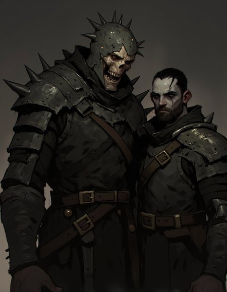Ev Ganin style. This digital drawing features two characters in a dark, gritty medieval fantasy setting. The artwork employs a dark color palette with muted tones of black, grey, and brown, emphasizing a somber atmosphere. 
The character on the left is a towering, imposing figure with a helmet that resembles a skeletal face, adorned with sharp, jagged edges and glowing, ethereal light. This figure's armor is dark and heavily plated, with intricate, almost skeletal patterns. <lora:Ev_Ganin:1.0>