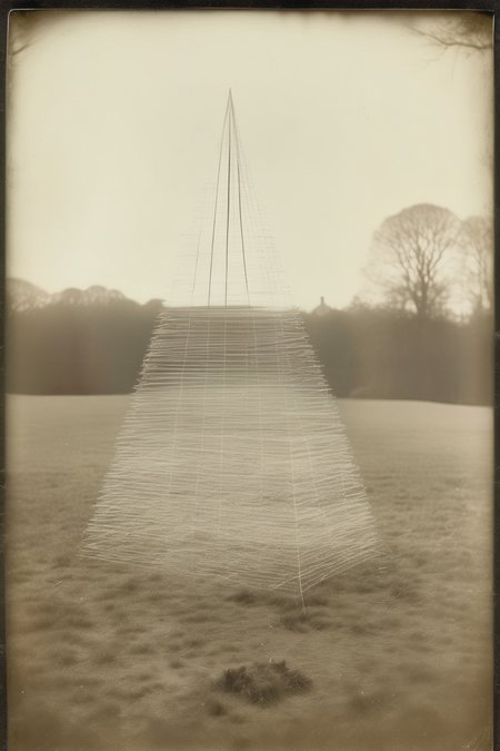 <lora:Albumen Print:1>Albumen Print - vintage Victorian 19th century faded and pale monochromatic odd foxed photograph of a weird surreal floating prism framework constructed of skeletal white threads weirdly and intricately connected and suspended above a shadow in the middle in an English field, pagan