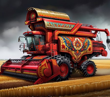 <lora:CulturePunkAI_2:.9>KazakPunkAI   combine harvester  Highly detailed, amazing, Impressive lighting, vibrant colors, Ultra Realistic, High quality, Highly detailed, trending on artstation