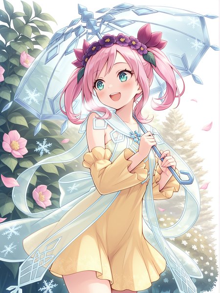 1girl,rikka queen strenna,solo,open mouth,smile,crystal umbrella,holding crystal umbrella,looking to the side,snowflakes,:d,cowboy shot,standing,white background,simple background,blush,purple hair flower,see-through cape,yellow detached sleeves,yellow strapless dress,winter,garden, pink petals, 
masterpiece,best quality,amazing quality,very aesthetic,absurdres,newest,<lora:Rikka Queen Strenna illusXL v1.1:0.7>,