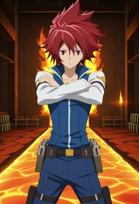 masterpiece, best quality, anime screencap, official style, anime coloring, cowboy shot, 1boy, solo, male focus, <lora:takuto_tsunashi_ilxl:0.98>, takuto_tsunashi, red hair, red eyes, spiked hair, bangs, , volcanic forge, lava flows, anvil station, tool racks, smithing pose, focused expression, fire lighting,
