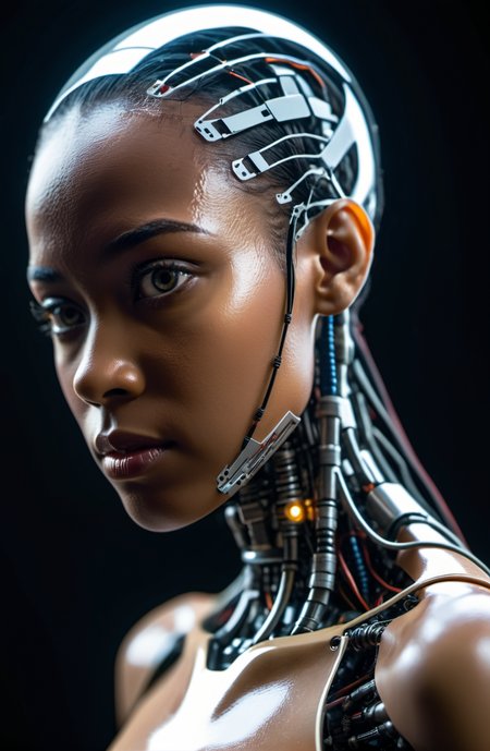 Full figure shot,robotic Female with transparent skin,glowing inside,SONY ALPHA A7R II,Citizen of Guinea-Bissau,, Ultra-HD-details