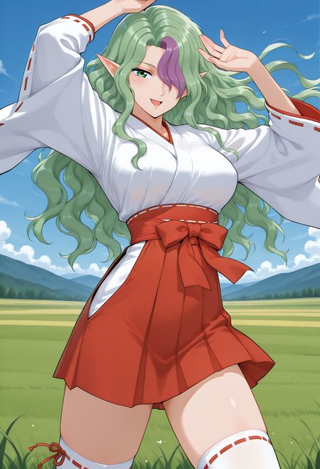 misery, pointy ears, green eyes, two-tone hair, green hair, purple hair, long hair, hair over one eye, wavy hair, miko, hakama short skirt, red hakama, white thighhighs, <lora:misery_illustrious_ver2:0.8> 
smile, open mouth,cowboy shot,, masterpiece, best quality, sensitive,, (dynamic pose:1.4),, 1girl, solo, blue sky, (grasslands:1.2), looking at viewer,