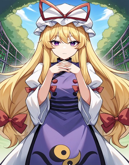 score_9, score_8_up, score_7_up, source_anime, <lora:yukari-yakumo-ponyxl-lora-nochekaiser:1>, yukari yakumo, purple eyes, blonde hair, sidelocks, long hair, hair bow, bangs, multiple hair bows,, dress, hat, hat ribbon, juliet sleeves, layered dress, long sleeves, mob cap, puffy sleeves, purple tabard, tabarad, white dress, white hat, wide sleeves, ying yang, yin yang print,, zoo, animals, cages, visitors, park, , <lora:gendou-pose-ponyxl-lora-nochekaiser:1>, gendou pose, own hands clasped, own hands together, parody,, looking at viewer, solo,, dutch angle, cowboy shot