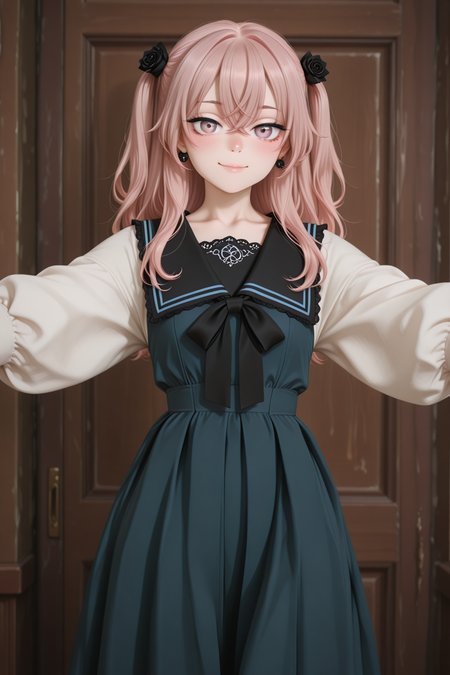 masterpiece, best quality, amazing quality, 1girl, solo, makeup, general, looking at viewer, blush, cowboy shot, smile, boutique, indoors, fancy, blush, lovely, spread arms, looking at viewer, <lora:sajuna-inui-s1-illustriousxl-lora-nochekaiser:1>, sajuna inui, inui sajuna, long hair, bangs, hair ornament, hair between eyes, pink hair, pink eyes, two side up, crossed bangs, black flower, black rose, mature female, small breasts, <lora:Lady_Lazy_Retro_Long_Sleeve_Dress:1>, Lady_Lazy_Retro_Long_Sleeve_Dress, long sleeves, puffy sleeves, white sleeves, long dress, blue dress, pleated dress, black sailor collar, jewelry, earrings, <lora:wai-2Rectified-V140:1>, <lora:Illustrious_-_Refiner:1>