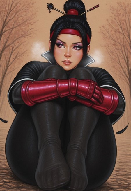 edithemad,  outdoors, undershirt, falling feathers, black bodysuit, hair stick, hugging own legs, , gauntlets,   eyeshadow,   red gloves,  high ponytail,  , black capelet, red hairband, pink eyes, 1girl, solo, feet, visible breath,   dynamic angle, foreshortening, smell, steam,