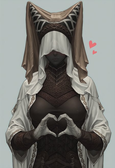 score_9, score_8_up, score_7_up, score_6_up, score_5_up, score_4_up, 1girl,  <lora:NightMaiden:0.85> solo, large breasts, colored skin, black skin, faceless, veil, helmet, robe, armor, gloves, cape, upper body, heart hands, blush, 
(light blue background:1.15), simple background,