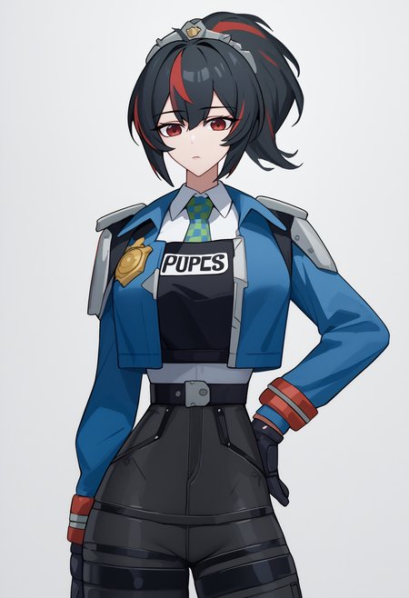 score_7_up, score_6_up, <break> simple background, white background, solo, 1girl, zhu yuan, expressionless, looking at you, standing, hand on own hip, ponytail, red eyes, police uniform, blue jacket, cropped jacket, open jacket, long sleeves, black gloves, black vest, white shirt, collared shirt, checkered necktie, black pants, tight pants, high-waist pants, large breasts
<segment:yolo-face_yolov8m.pt,0.4,0.5//cid=1>